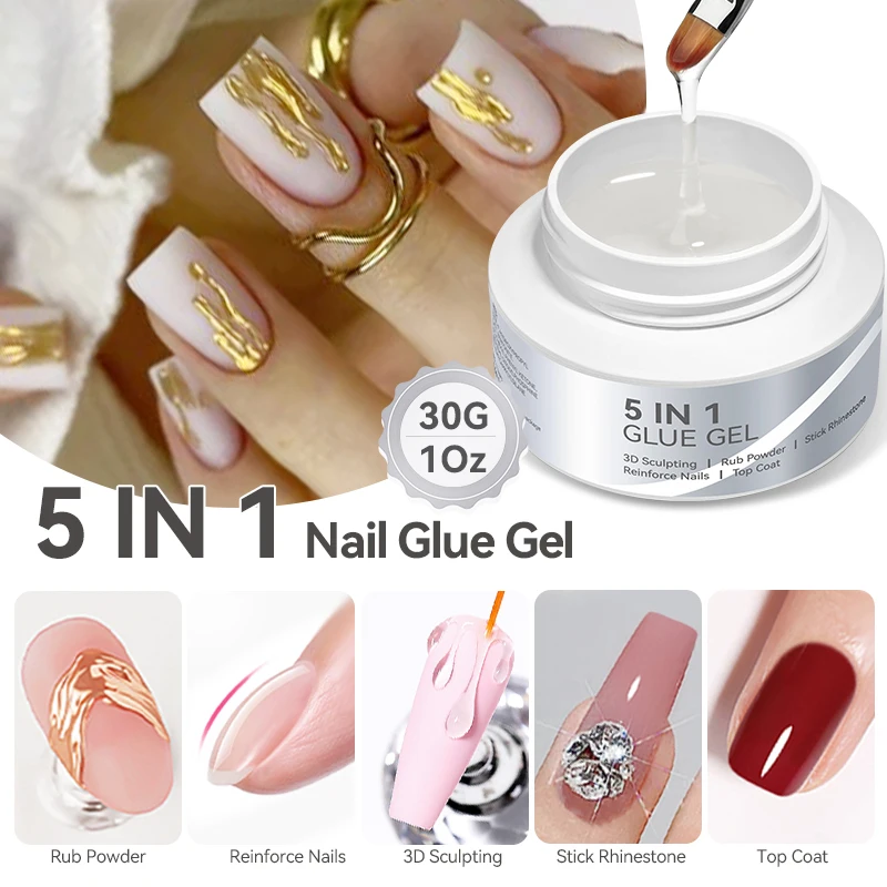 BORN PRETTY 5 In1 Glue Gel No Wipe Top Coat Nail Polish Reinforcement Gel 30ml 3D Sculpting Rub Powder Rhinestones Soak Off