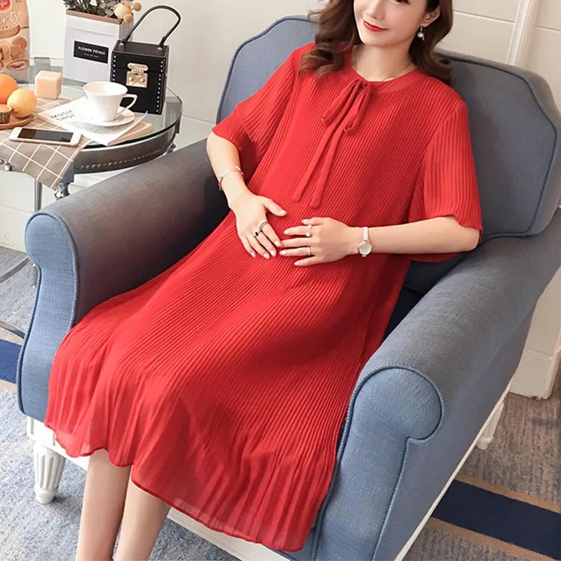 Maternity Summer Clothes Block Collar Bowknot Collar Pregnant Women Pleated Shirts Pregnnacy Chiffon Blouses Maternity Dress