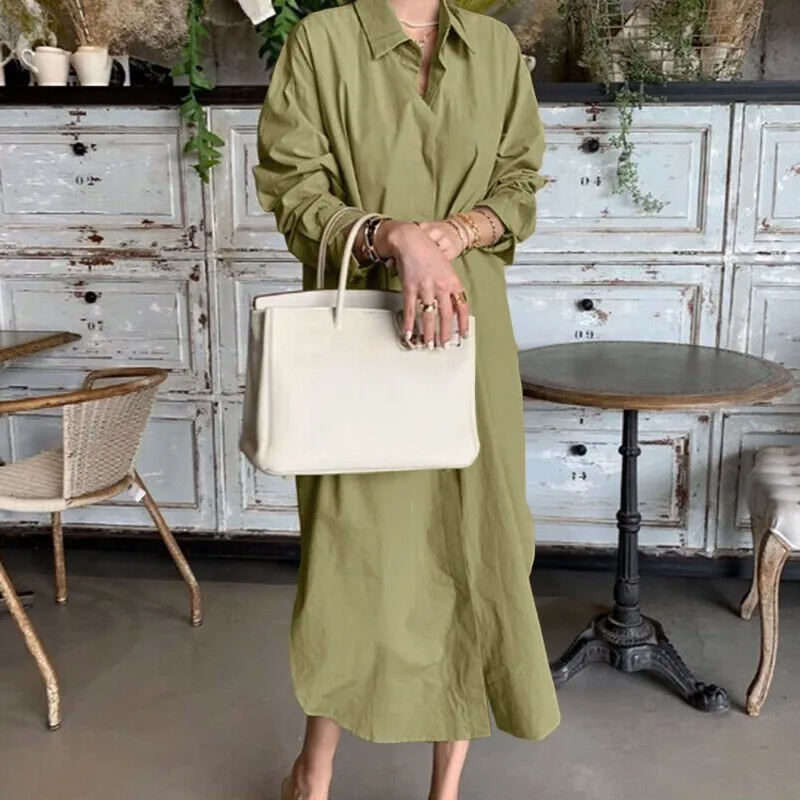 Moda Primavera Vestito Estivo Donna Allentato Causale Tinta Unita Manica Lunga Maxi Abito Camicia Lunga Bianco/Nero Abiti da Vacanza Veste