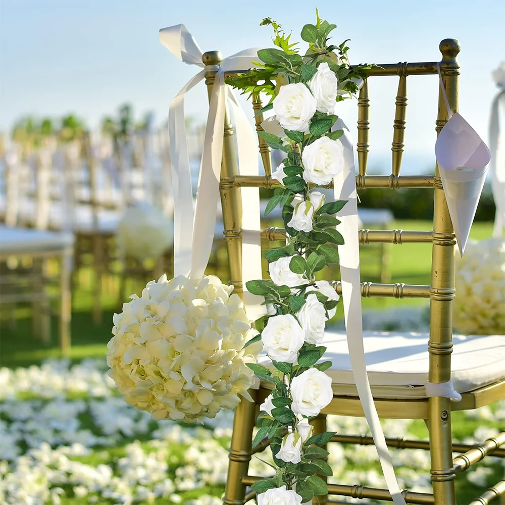 19,5 Fuß künstliche Blumengirlande mit weißer Rose, künstliche Ranken, Seidenblume, hängende Rosengirlande für Hochzeitsbogen, Gartenhintergrund – Detail 6