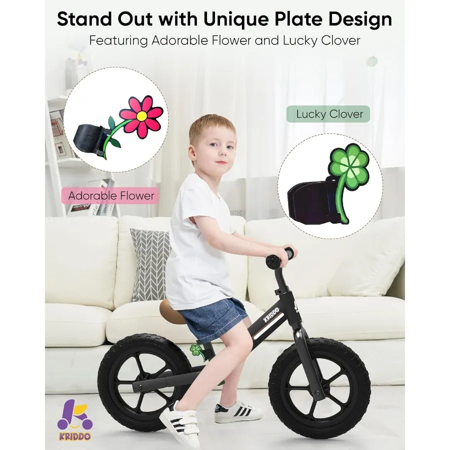 Bicicleta de equilíbrio para crianças de 2 anos, bicicleta de equilíbrio para 2 a 5 anos, rolamento duplo para passeios mais suaves, placa adorável, assento ajustável