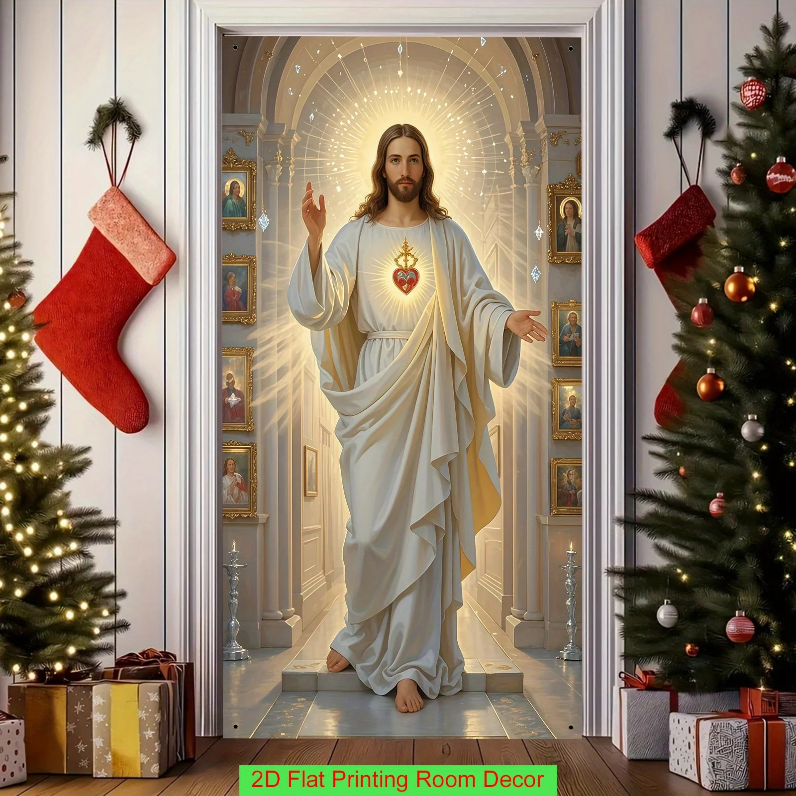 Jesus Sacred Heart Door Cover Religious Christian Polyester Door Banner Wall Hanging Home Entrance Living Room Party Decor