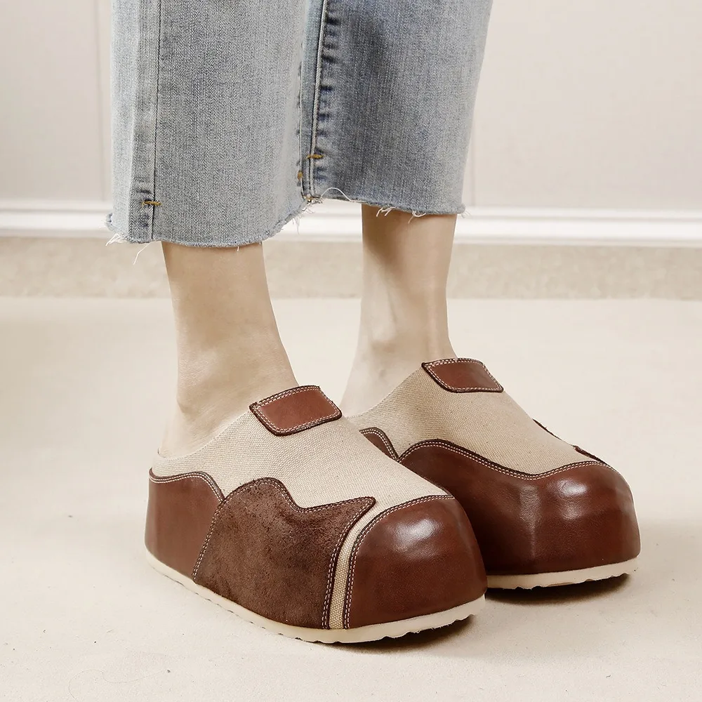 

Birkuir Retro Closed Toe Slippers For Women Slip On 5.5cm Thick Heel Flat Platform Shoes Genuine Leather Mixed Colors Slippers