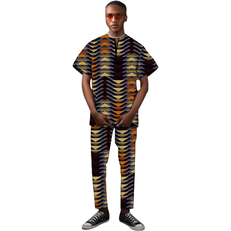 

Zipper Collar Tops Original Design Short Sleeve Shirts+Trousers African Print Men's Outfits Tailor Made Male Groom Pant Sets