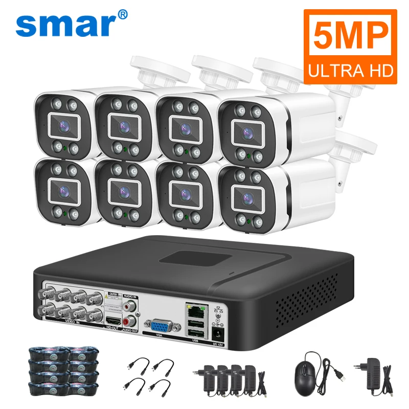 Smar 5MP Security Camera System Witth 18M Wired Cable Video Surveillance Kit Indoor Outdoor Waterproof CCTV Camera 5 in 1 DVR