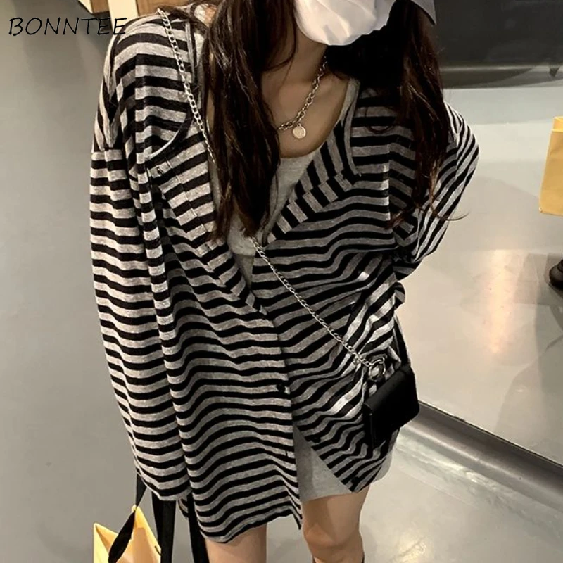 

Sweatshirts Women Striped Chic Loose All-match Design Summer Simple Daily Retro Students Tender Sun-proof Classic Korean Style