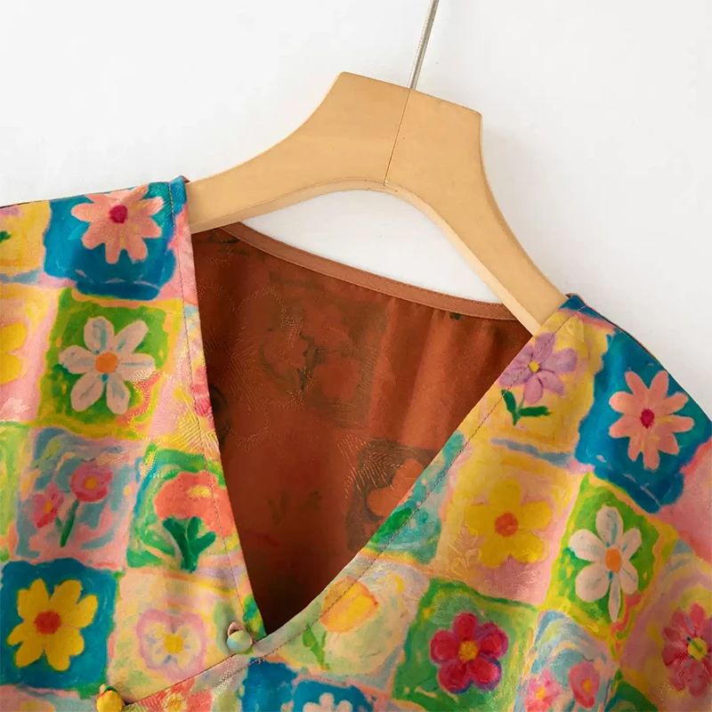 100% Mulberry Silk Gambiered Guangdong Silk Women Shirt Cap Sleeve Colorful Floral Printed Casual Top Tee T-shirt Summer FF088