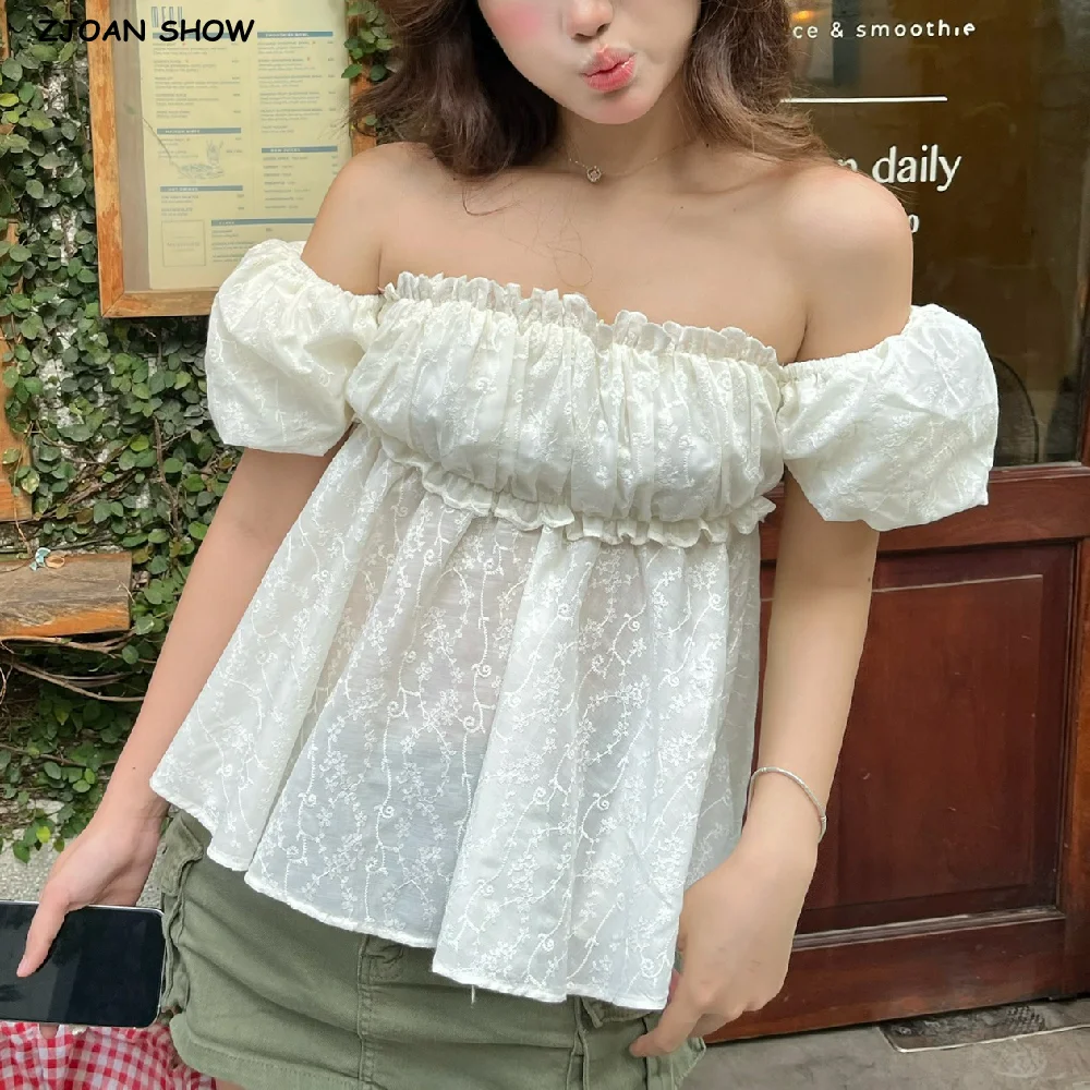 New Sweet White Embroidery Lace Cotton Wood ears Ruched Slash Shoulder Short Sleeve Shirt Women Elastic Back Crop Tops Blouses