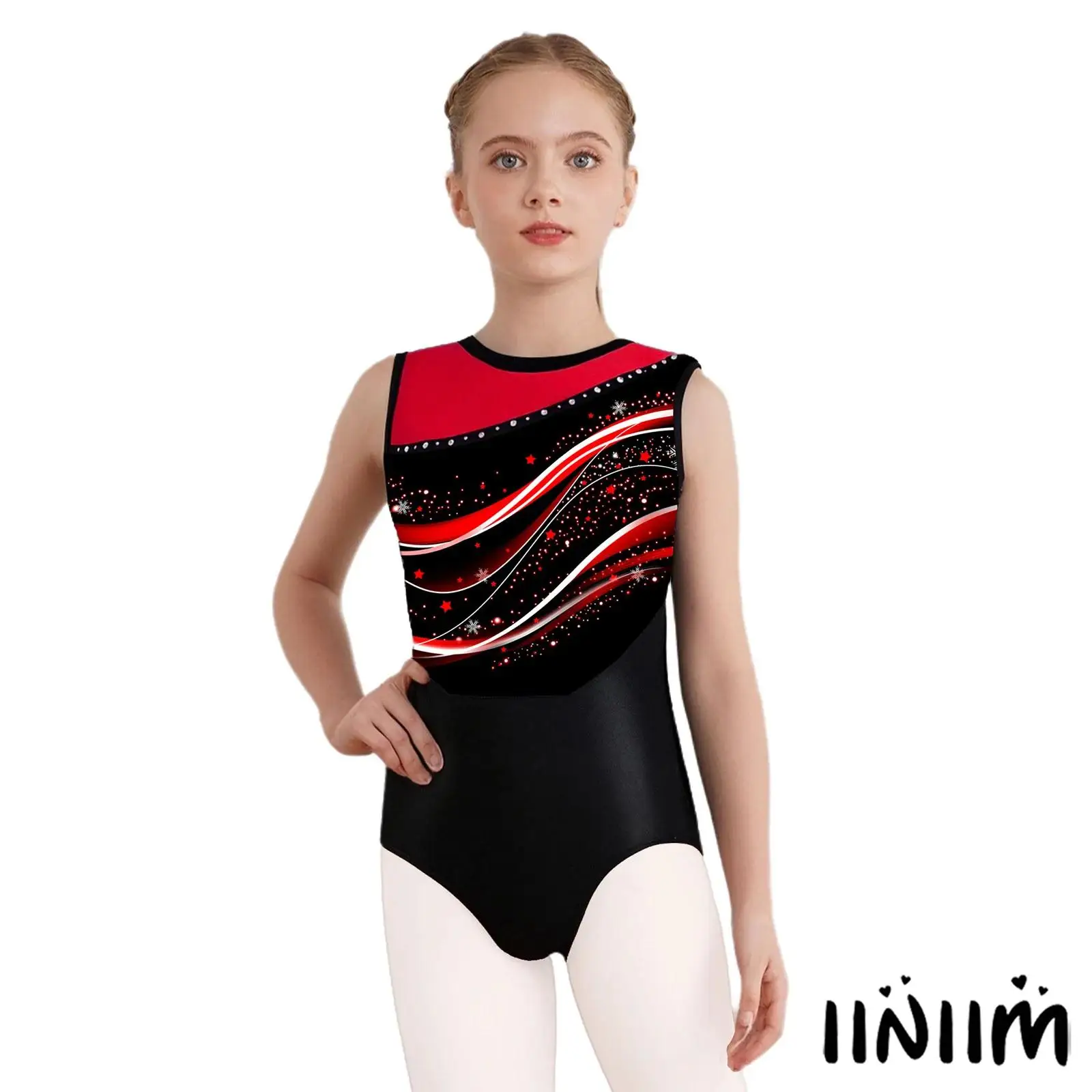 

Girls Gymnastics Leotard Sleeveless Stylish Print Patchwork One Piece Bodysuits Ice Skating Training Uniform Ballroom Costume