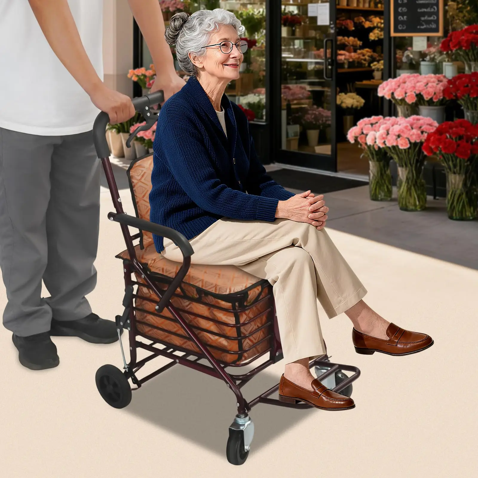 Foldable Shopping Cart with Seat – Sturdy 4-Wheel Collapsible Cart, Large Storage Basket & Handbrake, Portable for