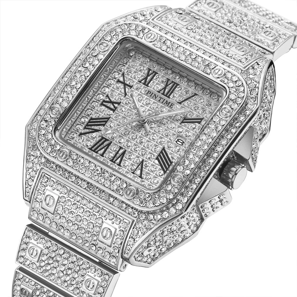 Luxury Watch for Women Waterproof 30m Iced Diamond Quartz Wristwatch Roman Luminous Dial Calendar Clock Hip Hop Reloj Para Mujer