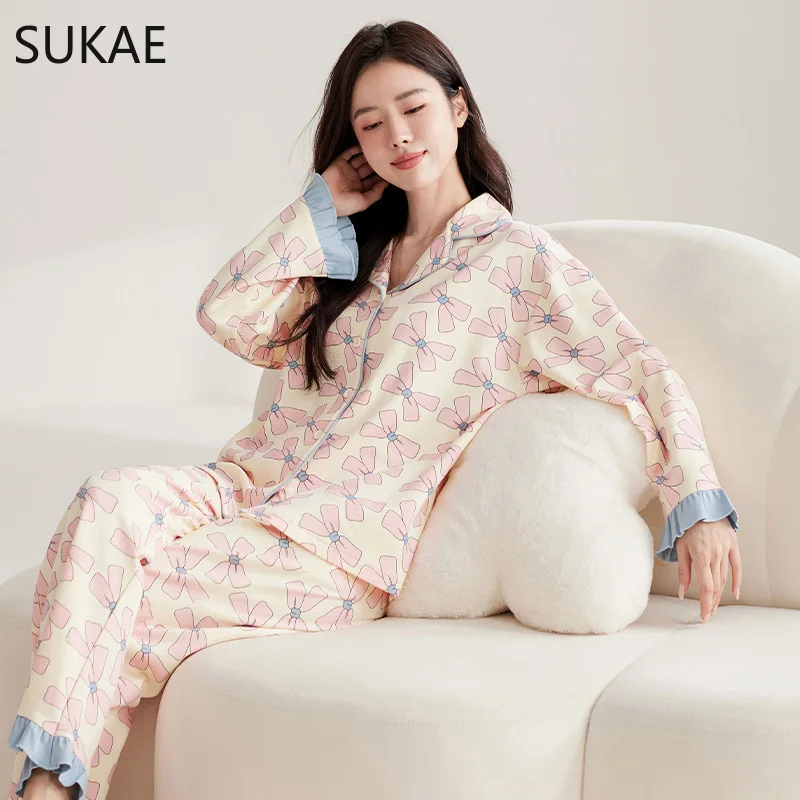 SUKAE Autumn Spring New Women Pajamas Set Turn-down Collor Faux Cotton Long Sleeves Sleepwear Leisure Pijama Lady Chic Homesuits