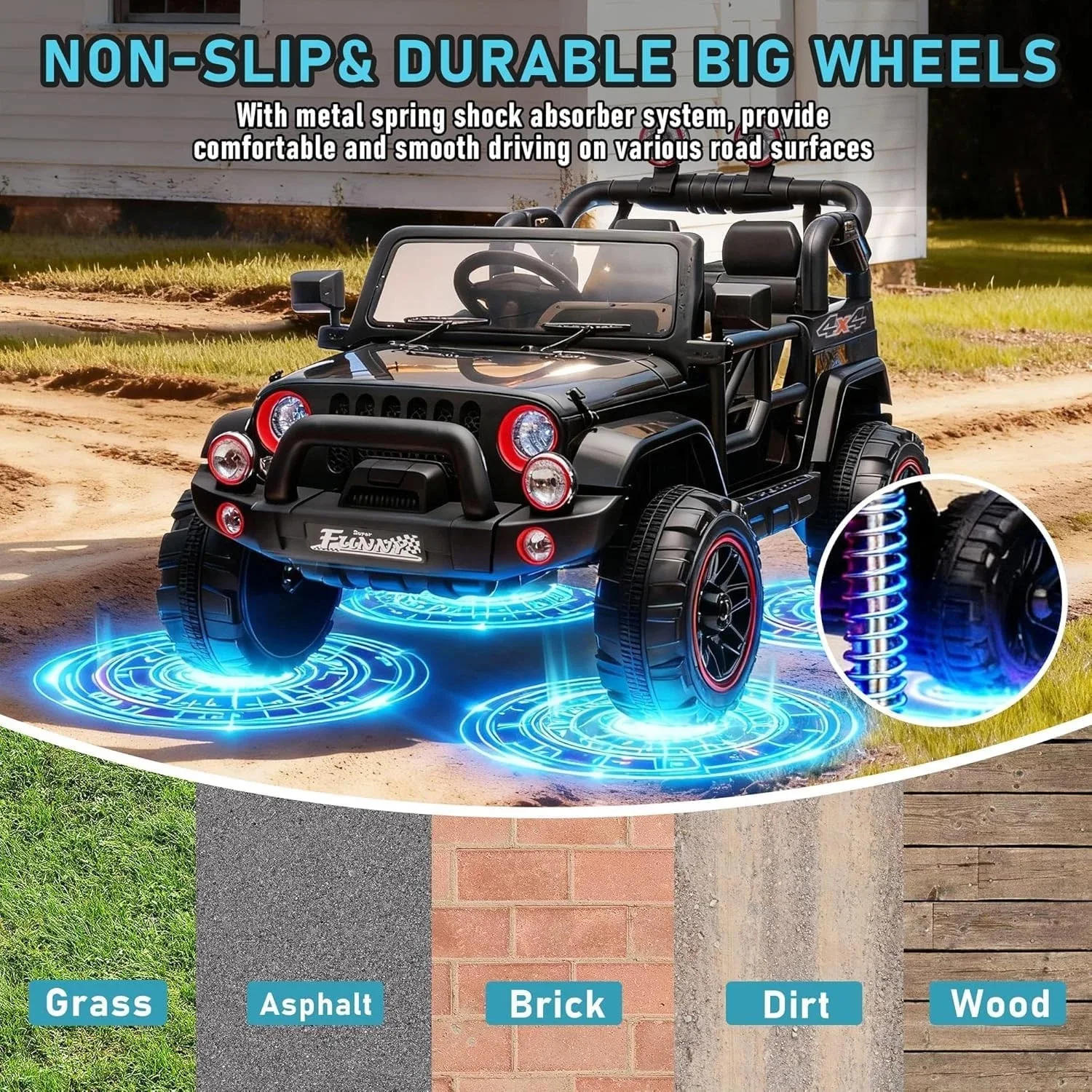 24V Bambini che cavalcano su giocattoli per auto elettriche con controllo dei genitori 2WD Sospensione posteriore Stoccaggio del bagagliaio Tirante portatile per bambini dai 3 anni in su