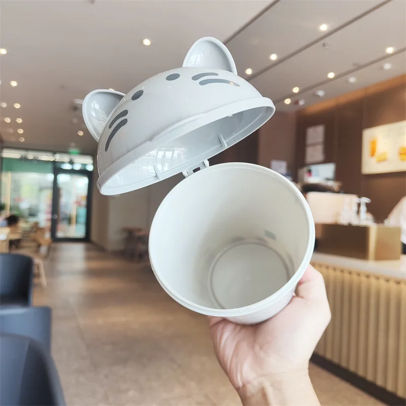 Cute Desktop Trash Can Devil Cat Shape Storage Bucket with Flip Cover Decorative Desktop Stationery Storage Bucket Students Gift