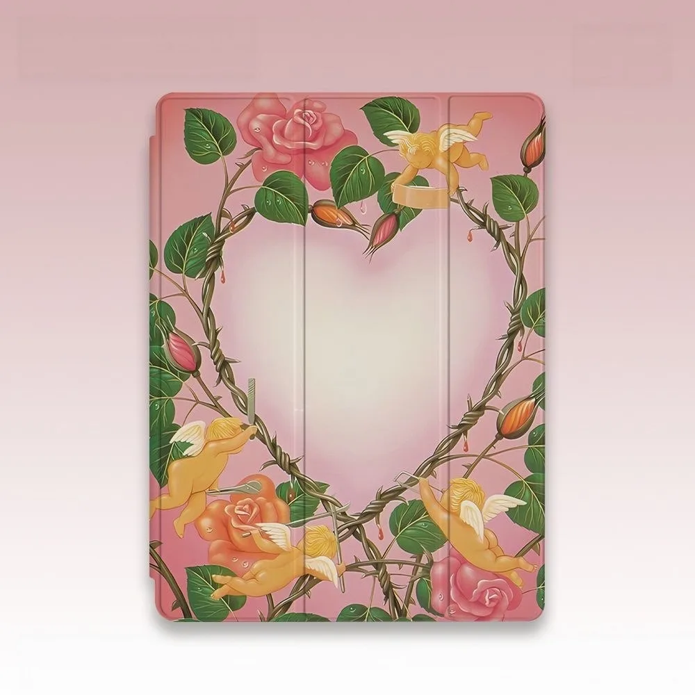 Golden Cupid Rose Floral Pen Slot Tablet Case For iPad 2026 Air 8 7 6 4 3 2 1 Pro 2024 11in 12th 11 10 9 8 7 6 5th Cover
