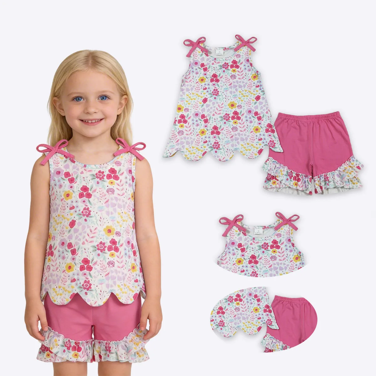 

Kids Baby Girl Sleeveless Colorful Flowers Tunic Tops Ruffle Shorts Children Clothes Set Boutique Fashion Clothing Wholesale
