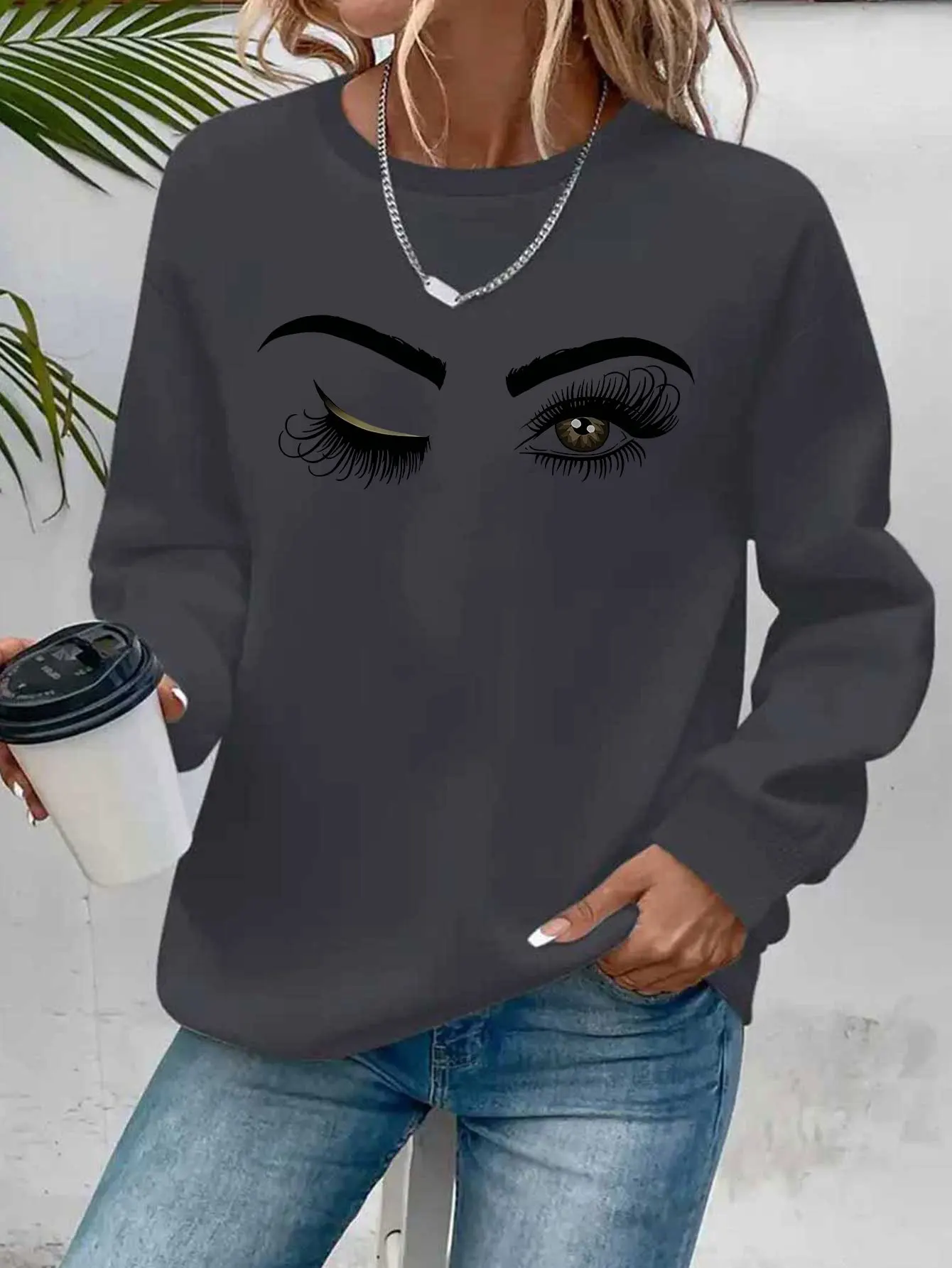 Women's Autumn and Winter Loose Casual Comfortable Heart-Shaped Printed Velvet Long-Sleeved Round Neck Hoodie Pullover