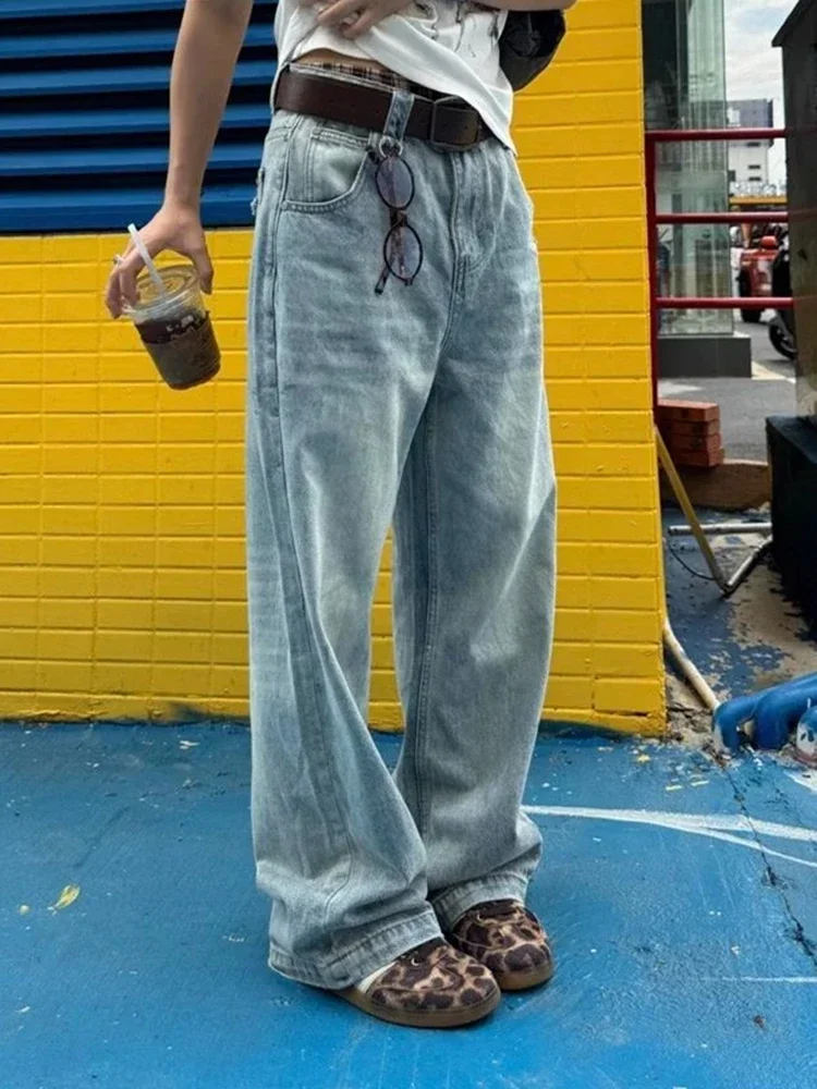 

Women Vintage Light Blue Denim Jeans Retro Wash High Waist Wide Leg Trousers Summer Cool Girl Casual Pants Neutral Tone