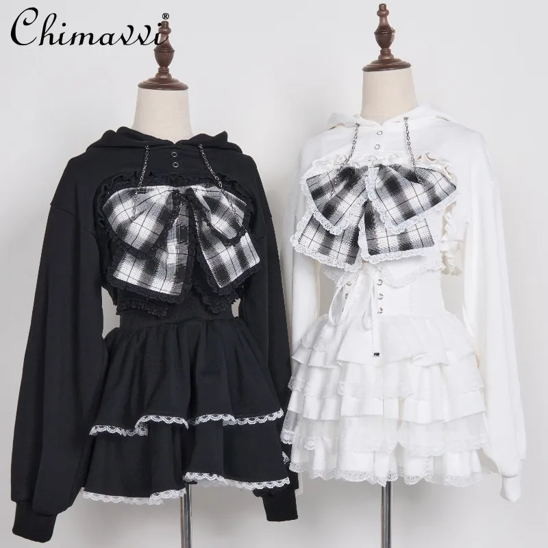 

Original Japanese Subculture Mass-Produced Long-Sleeve Short Sweatshirt Sexy Girl Bowknot Vest Top Skirt Cool Girl Lolita Set