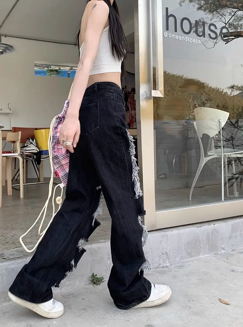 Pantalones vaqueros con agujeros de Hip Hop para mujer, ropa de calle Y2K Harajuku, pantalones de mezclilla ahuecados, Pantalones rectos de cintura alta Retro americanos para mujer