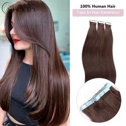 Cinta en extensiones de cabello humano liso, marrón oscuro, cabello humano brasileño, trama de piel sin costuras, extensión para mujeres blancas