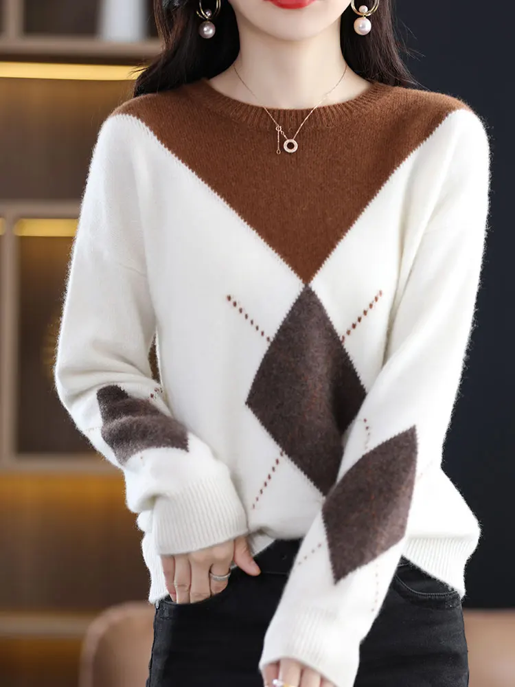Autumn Winter Women Knitwear Sweater Fashion New Round Neck 100% Wool Pullover Warm Loose Diamond Pattern Color Matching Tops