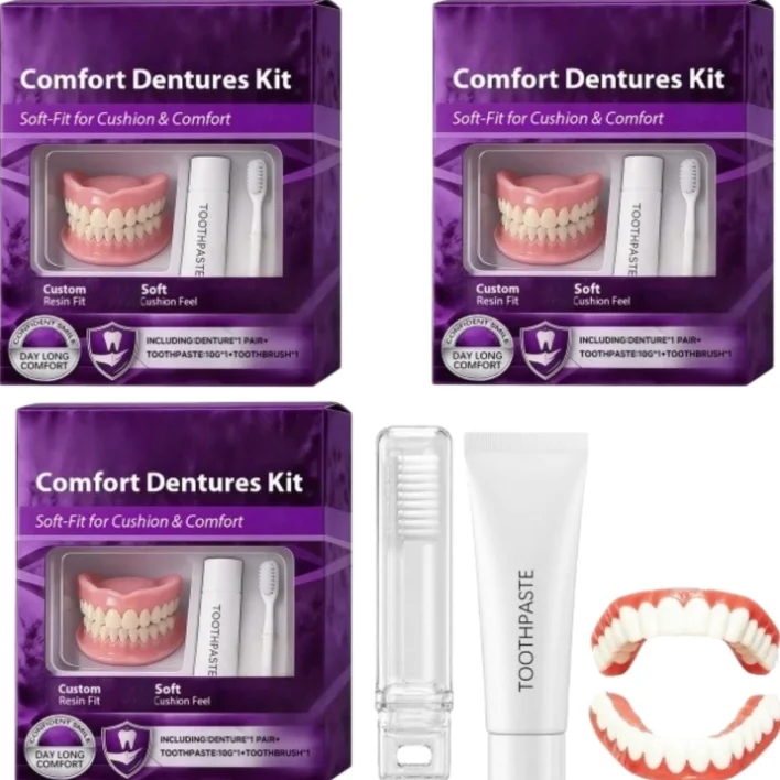 Unisex Moldable Silicone Dentures Upper Lower False Teeth Set Instant Smile Toothbrush Professional Dental Soft-Fit Denture Set