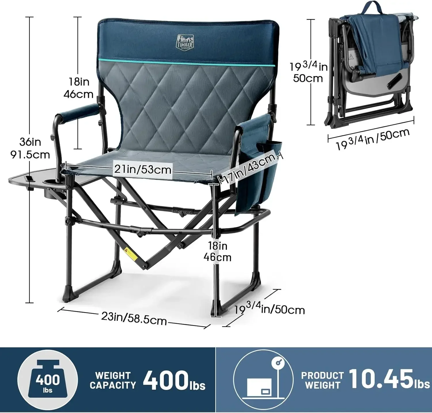 Navy 2 Pack Aluminum Camping Folding Chair Heavy Duty Portable Outdoor Lawn Seat For Fishing Picnic Concert Trip With Side Table