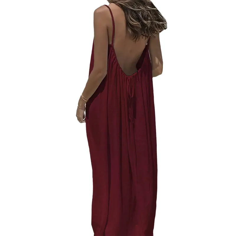 New Breathable and Softness Women's Backless Loose Fitting Home Dress Summer Solid Color Sleeveless Casual Basic Maxi Dress