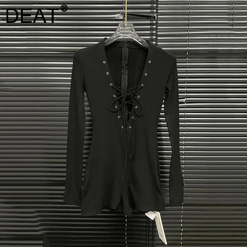 DEAT 2025 Spring New Items Fashion Black V-neck Strap Casual Jumpsuit For Women Trendy Bottoming Bodysuits Female11A02396