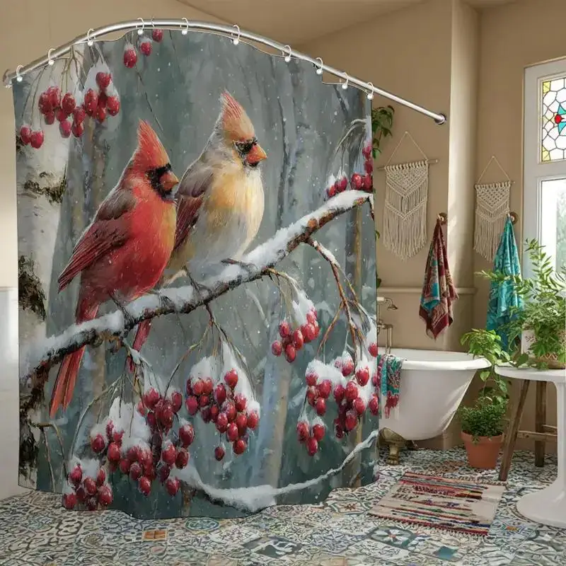 Realistic Woodland Birds and Berries Nature Shower Curtain Polyester Waterproof Bathroom Curtain Wildlife Animal Decor Home Deco