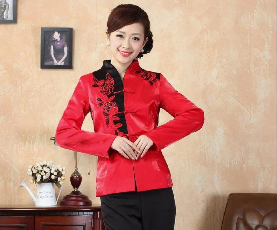 Wholesale New Women Chinese Style Coat Traditional Tang Suit High Quality Satin Jacket Embroidery Flower Casual Tops Jackets