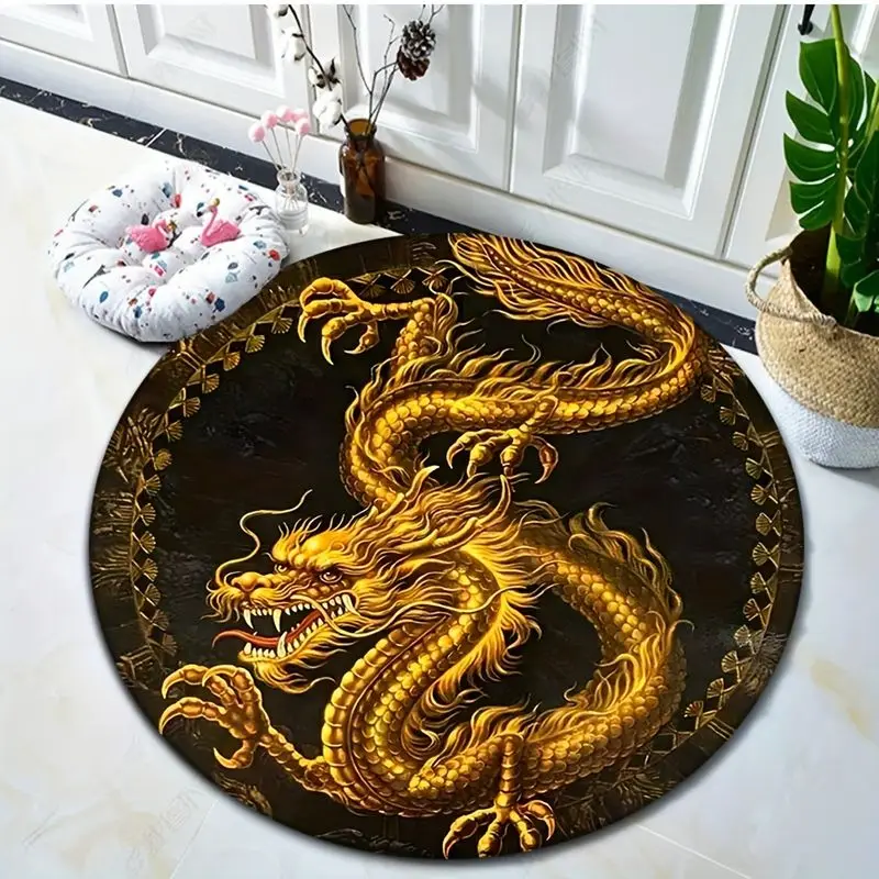 VIKAMA Black Gold China-Chic Golden Dragon Round Carpet, Swivel Chair Mat, French Bedroom Luxury Living Room Floor Mat