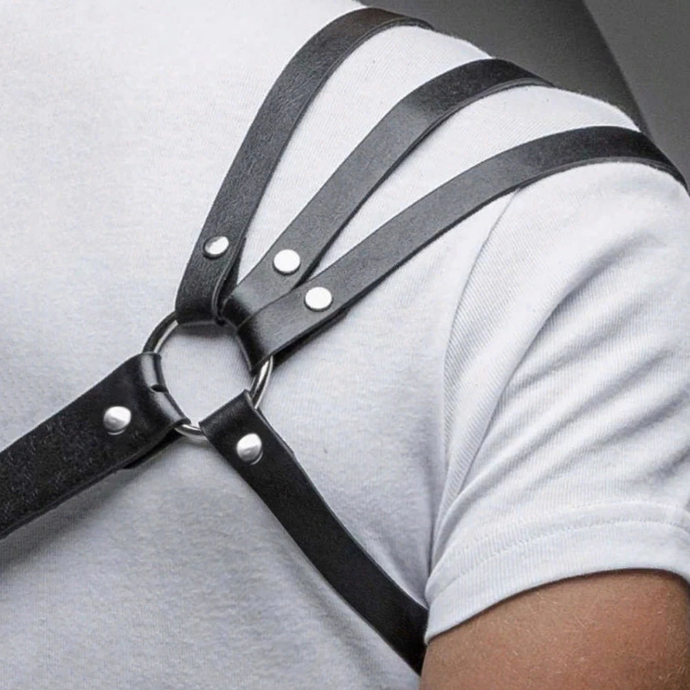 One Shoulder Men\'s Harness PU Leather Gay Men Chest Harness Bondage Black Leather Men Accessories Upper Erotic Body Men Harness