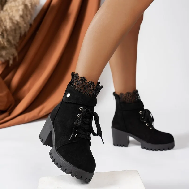 2025 New Women's Shoes Vintage Lace-up Fashion Casual Ankle Boots Women's Winter High Heels Boots Lace Trim on Upper