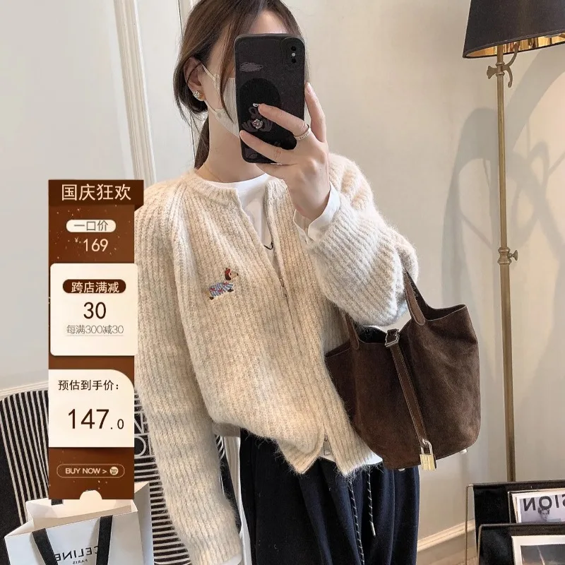 

Вязаный кардиган, женский новый осенне-зимний женский корейский модный жакет на молнии с круглым вырезом, модные женские топы