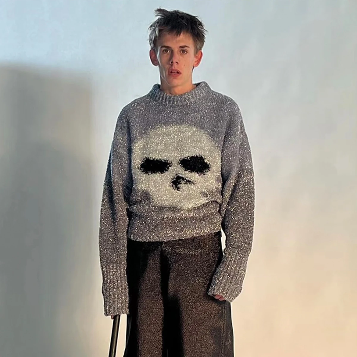 

NIGO мужской серый жаккардовый вязаный серый пуловер с градиентом черепа, осенне-зимний модный повседневный свитер # NGTOP12157