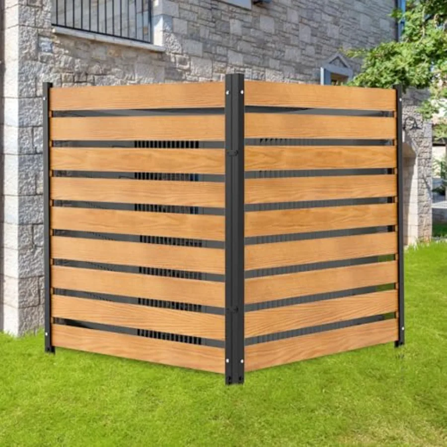 Cerramiento de madera para equipos de piscina, 2 paneles, 36 ancho x 44 alto, valla de privacidad exterior con estacas metálicas sin necesidad de excavación para aire acondicionado y contenedor de basura