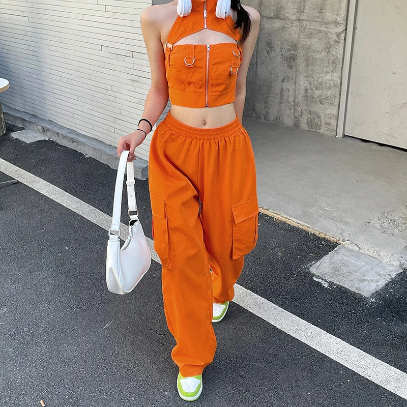 Puloru Orange Baggy Cargo Pants Women Casual High Elasitc Waist Straight-Leg Trousers with Side Pockets Streetwear Sweatpants