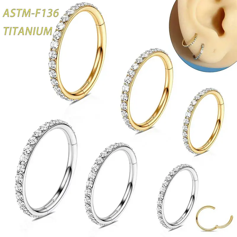 ASTM F136 Titanium Hinged Segment Hoop Ring Full Paved CZ Hypoallergenic Seamless Nose Ring Piercing Jewelry For Women Fashion