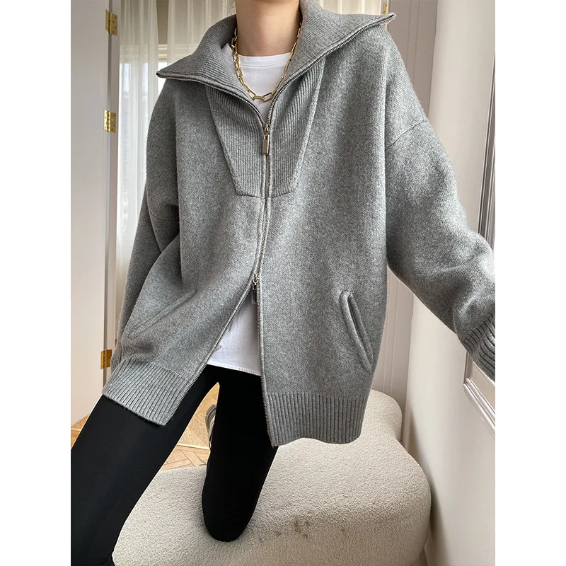 

2025 Women Autumn Knitted Turn Down Collar Cardigans Zip Design Long Sleeve Women Sweater Cardigans Coat Loose Lapel Cardigan