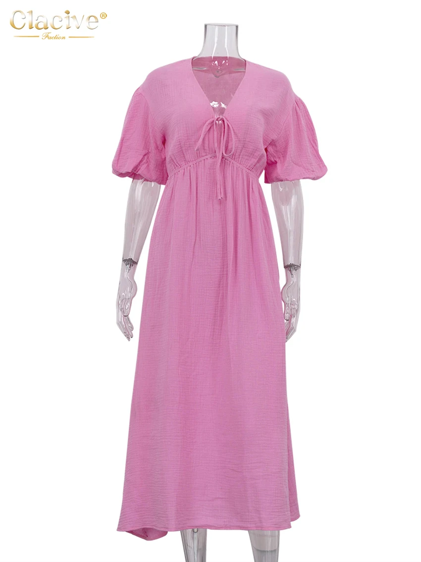 Clacive Sommer Lose Aprikose Baumwolle Frauen Kleid 2025, Sexy V-ausschnitt Kurzarm Knöchel Länge Kleider Elegante Spitze-Up weibliche Kleid