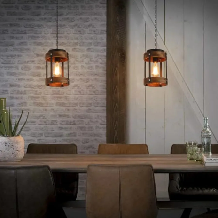 Rustic Farmhouse Wood Pendant Light Fixture One-Light Adjustable Chain Oak Wood and Metal Drum Cage Pendant Lighting for Kitche