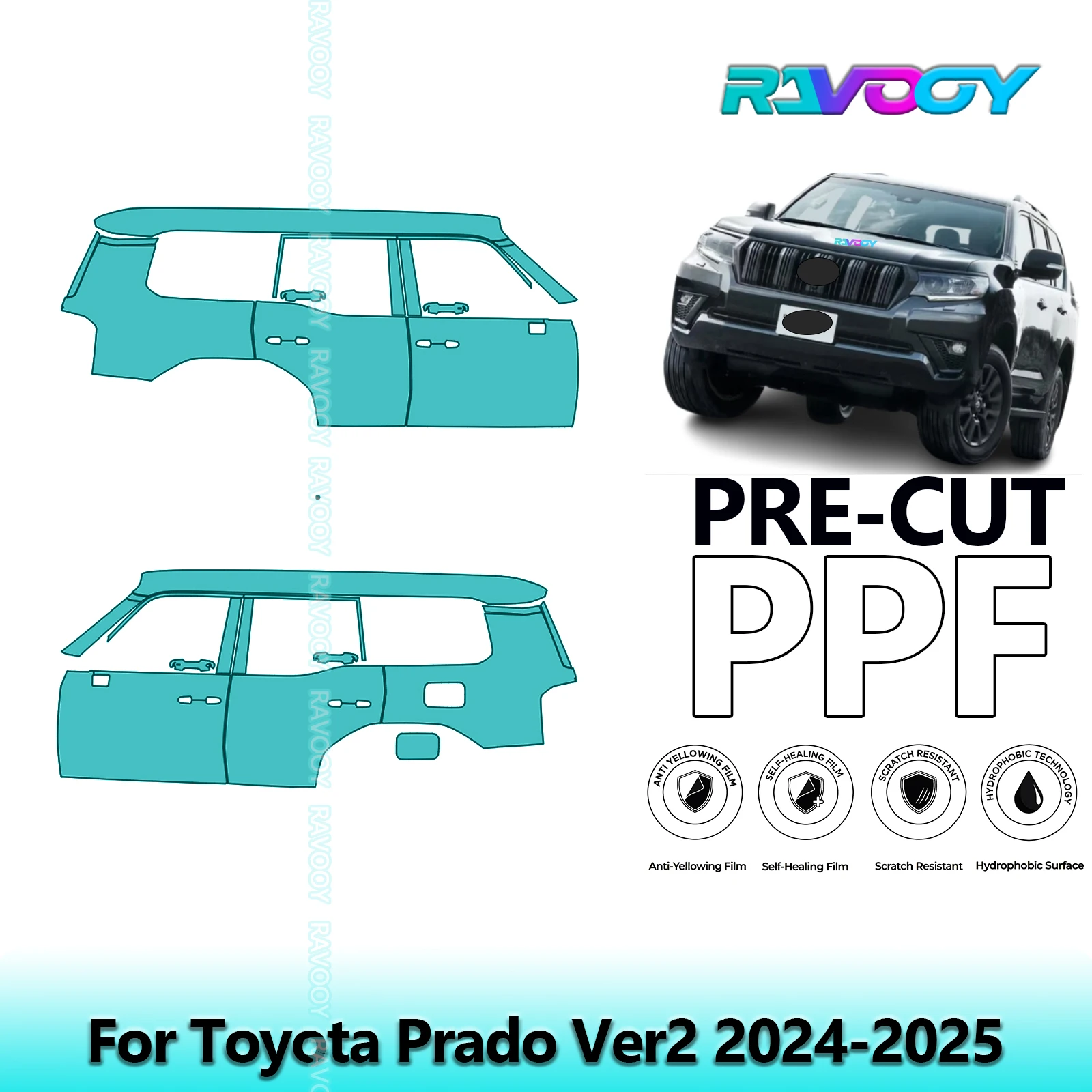 

For Toyota Prado Ver2 2024-2025 8.5mil Clear Matte Pre-Cut PPF Door & A/B Pillar Kit TPU Paint Protection Film Set
