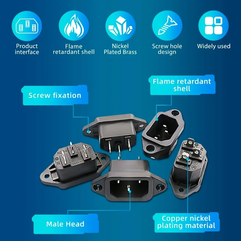 20PCS AC 250V 10A IEC 320 C14 Panel Mount Plug Adapter Power Connector Socket Black Screw Mount 3 Pins Inlet Power Plug Socket