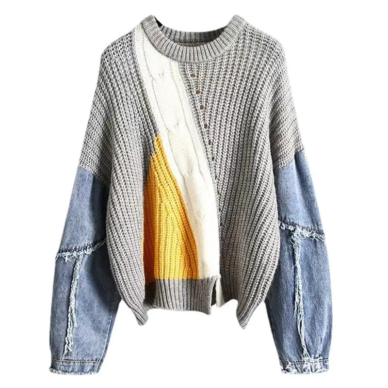 Denim Patchwork Knitted Pullovers Women Color Block O-Neck Sweater Pullovers Female Long Sleeved Loose Pullovers Autumn Winter