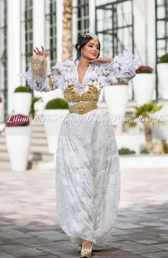 Custom Algerian Moroccan Style Wedding Gown Lace Long-Sleeved Kosovo Traditional Evening Gown Gold Embroidered Bridal Gown