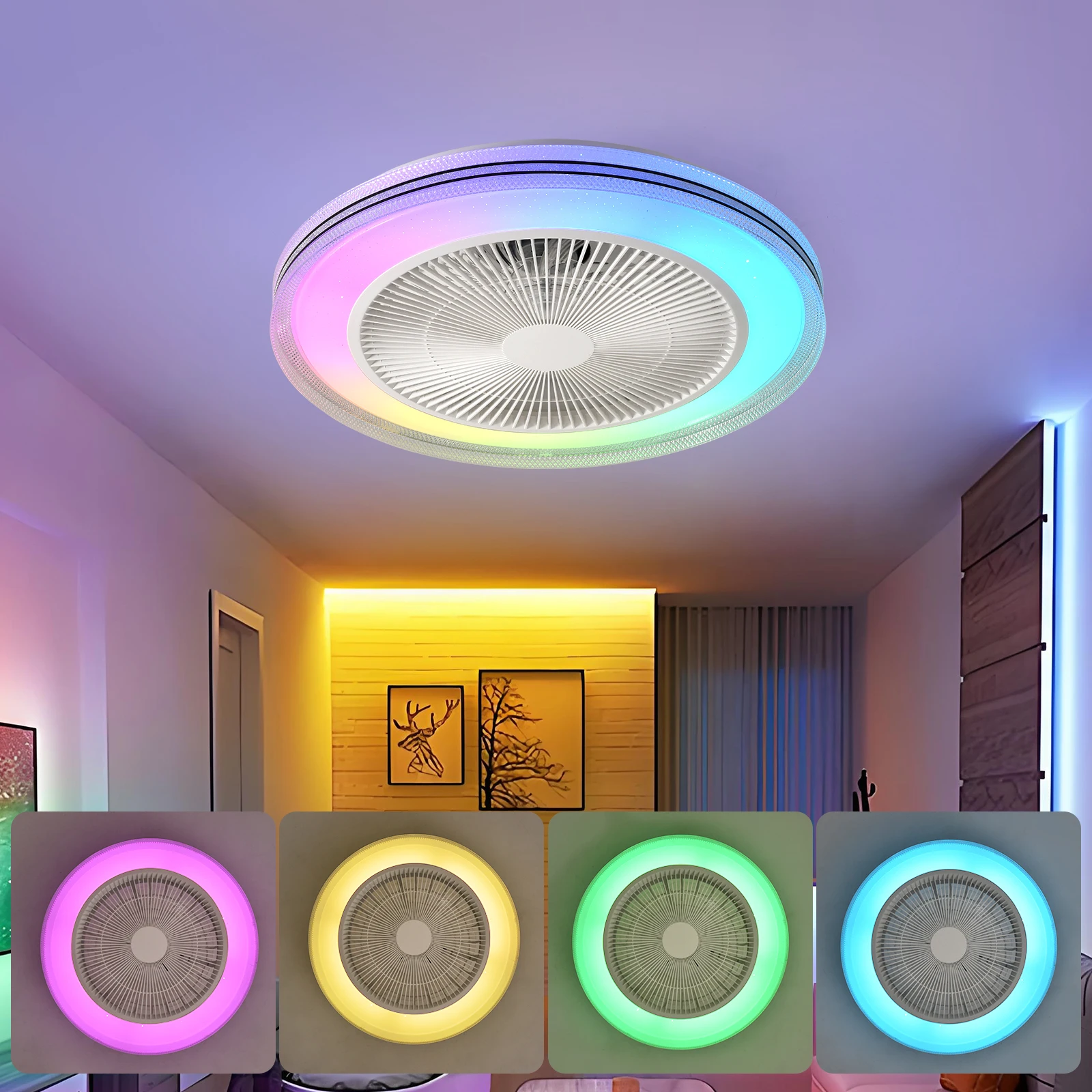 ceiling fan, Low Profile Ceiling Fans With Lights, LED RGB Ceiling Fan, Remote Control Enclosed Flush Mount Ceilin