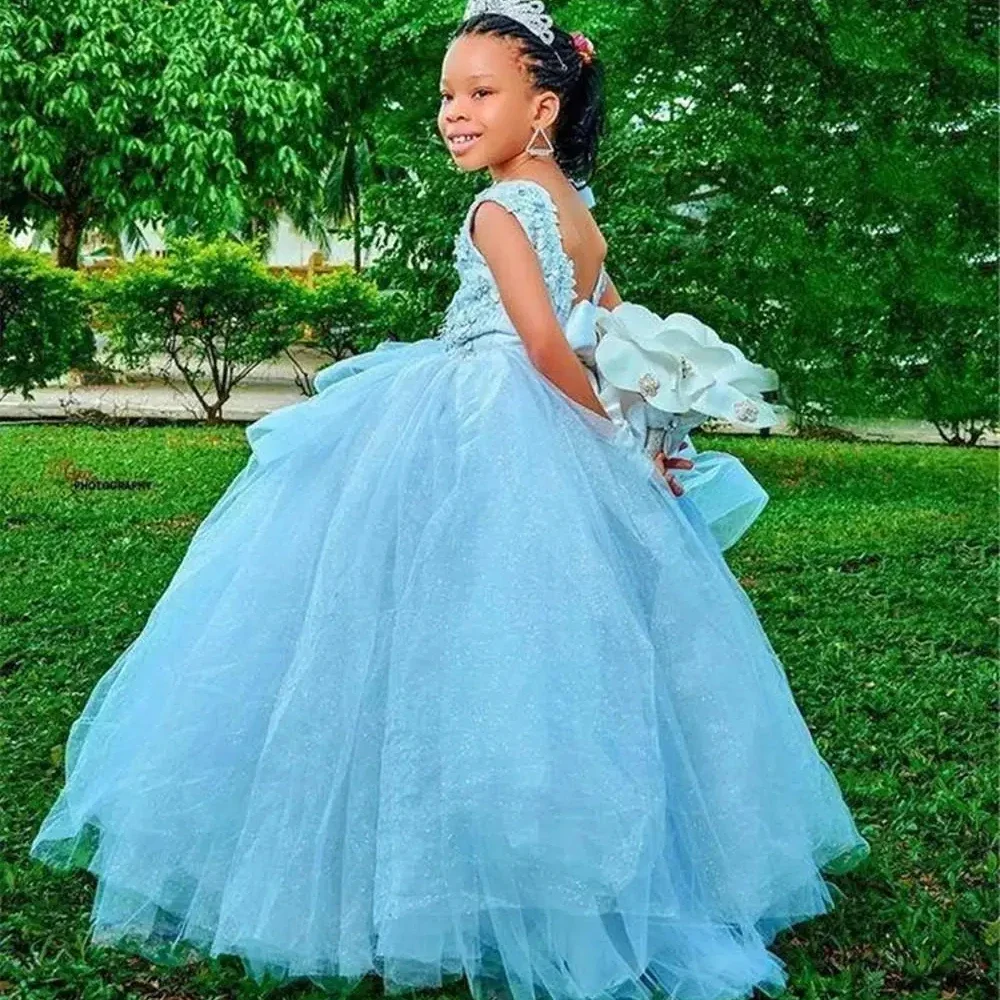 

Flower Girl Dress Tulle V-neck Appliques Sparkly Sequins Baby Girl Princess Wedding Birthday Party First Communion Dress