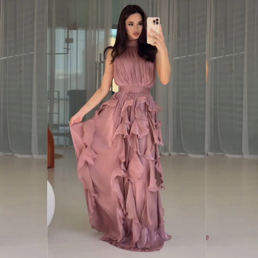 

Customized Intricate Ruched Pleat A-line High Collar Long Dresses Bespoke Occasion Homecoming Sizes Available